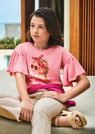 Mayoral girl růžové triko s nařasenými rukávy "Dívka s šátkem" b. 026