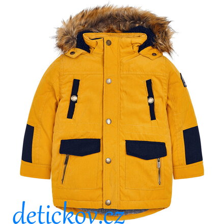 Mayoral mini boy zimní kabát- bunda parka s kožešinou medově žlutý