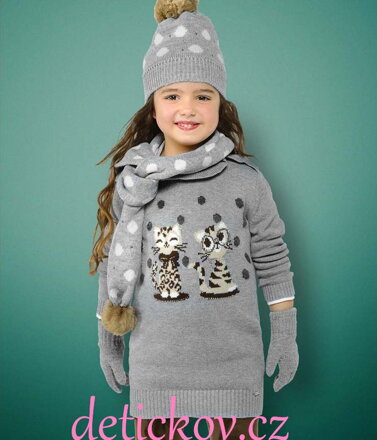 MAYORAL dívčí zimní set čepice se šálou a rukavičkami puntík šedý