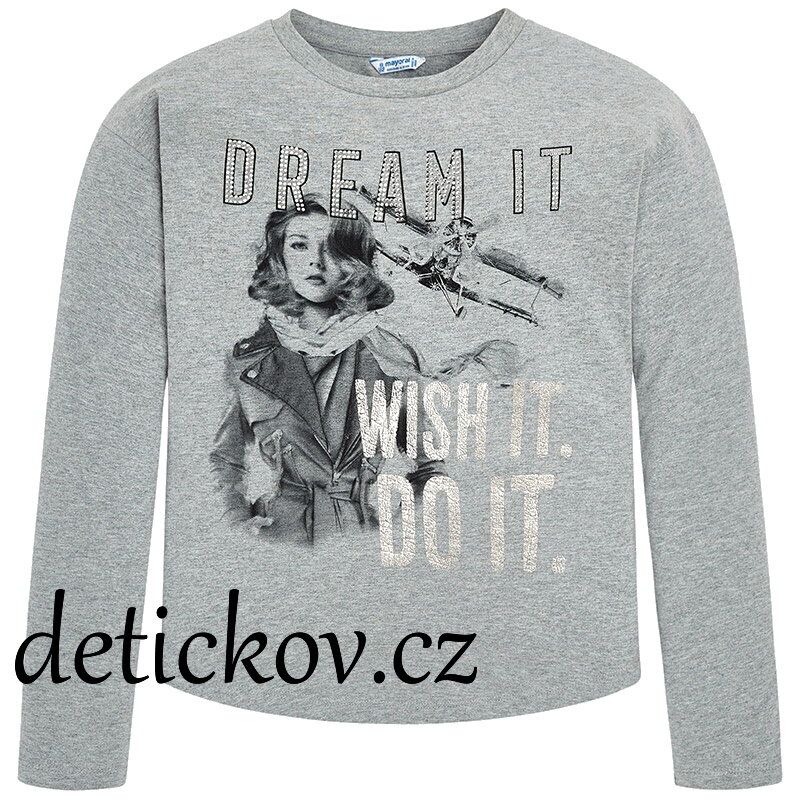Mayoral girl bavlněné triko s dlouhým rukávem ,,Dream it,, šedé Mayoral girl bavlněné triko s dlouhým rukávem ,,Dream it,, šedé