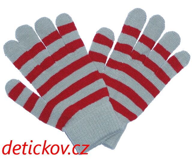 pletené prstové rukavice šedé s proužky červené