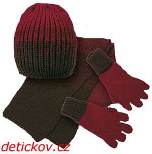 zimní set čepice + šála+ rukavice hnědo-červený